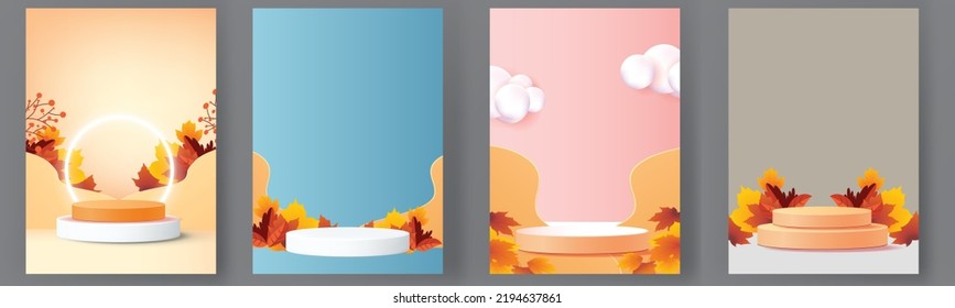 podium stage autumn season paper art colorful for show banner sale vector illustation