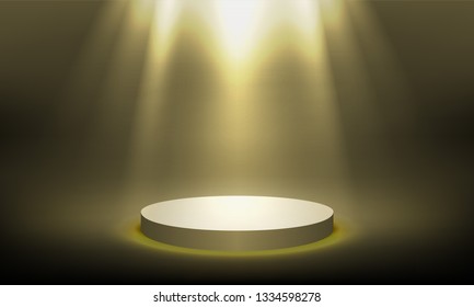 Podium stage background illuminated with golden spotlight light. Vector round pedestal display mockup