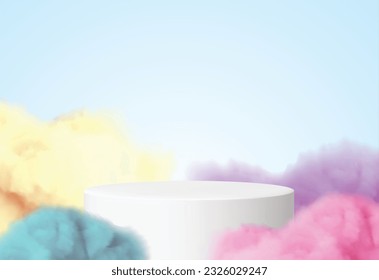 podium stage Blue background vector with a product podium surrounded by rainbow clouds. Smoke, fog, steam background