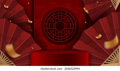 Podium stage chinese style, for chinese new year and festivals with red paper cut art and craft on color backgroung with asian elements. translation: chinese new year 2022, year of tiger.