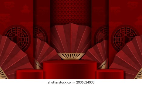 Podium stage chinese style, for chinese new year and festivals with red paper cut art and craft on color backgroung with asian elements. translation: chinese new year 2022, year of tiger.