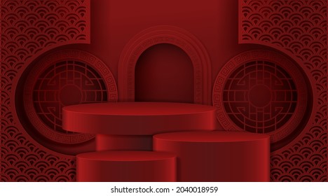 Podium stage chinese style, for chinese new year and festivals with red paper cut art and craft on color backgroung with asian elements.