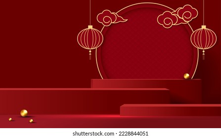 Podium stage chinese style for chinese new year and festivals or mid autumn festival with red background. mock up stage with festive lanterns and clouds. vector design.