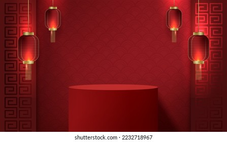 Podium stage chinese style for chinese new year and festivals or mid autumn festival with red background. mock up stage with festive lanterns and clouds. vector design.