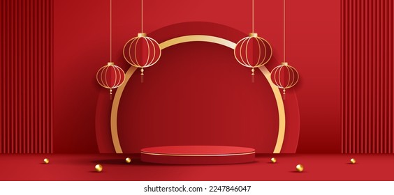 Podium stage chinese style for chinese new year and festivals or mid autumn festival with red background. mock up stage with festive lanterns and clouds. vector design.