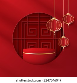 Podium stage chinese style for chinese new year and festivals or mid autumn festival with red background. mock up stage with festive lanterns and clouds. vector design.