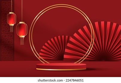 Podium stage chinese style for chinese new year and festivals or mid autumn festival with red background. mock up stage with festive lanterns and clouds. vector design.