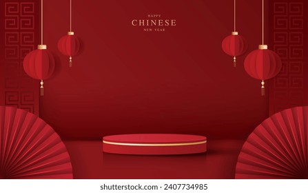 Podium stage chinese style for chinese new year and festivals or mid autumn festival with red background. mock up stage with festive lanterns and clouds. vector design.