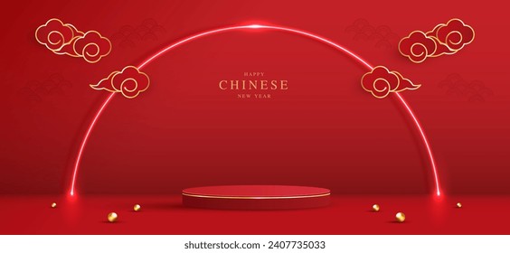 Podium-Bühne chinesischer Stil für chinesisches Neujahr und Festivals oder Mitte Herbst Festival mit rotem Hintergrund. Schauen Sie sich die Bühne mit festlichen Laternen und Wolken an. Vektordesign.