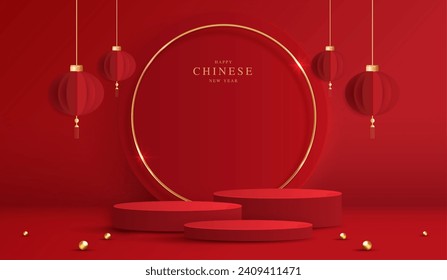 Podium stage chinese style for chinese new year and festivals or mid autumn festival with red background. mock up stage with festive lanterns and clouds. vector design.