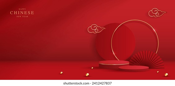 Podium stage chinese style for chinese new year and festivals or mid autumn festival with red background. mock up stage with festive lanterns and clouds. vector design.