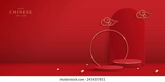 Estilo chino de escenario podio para el año nuevo chino y festivales o festival de mediados de otoño con antecedentes rojos. burlarse del escenario con linternas festivas y nubes. diseño vectorial.