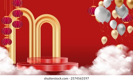 Podium stage chinese style for chinese new year and festivals or mid autumn festival with red background. mock up stage with festive lanterns