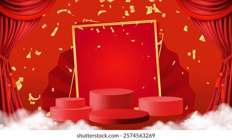 Podium stage chinese style for chinese new year and festivals or mid autumn festival with red background. mock up stage with festive lanterns