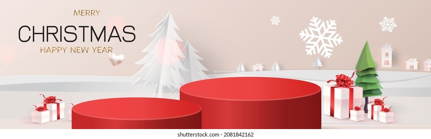 podium stage christmas newyear red background tree for mockup shopping advertising vector illustration