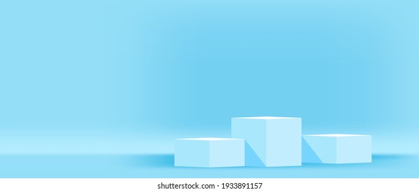 podium stage for cosmetics make-up product showcase, modern pedestal 3 step for product display, podium pedestal three layer for advertising copy space, light blue color background, 3d illustration