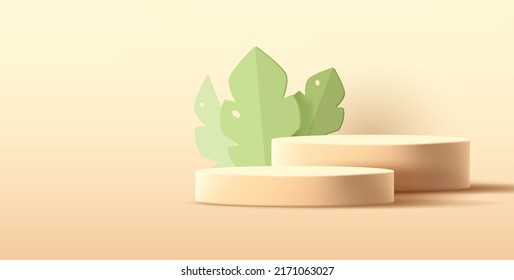 Podium stage, cylinder shaped beige cream platform with green leave behind. Vector illustration