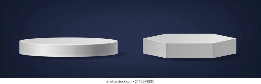 Podium, Stage, Elevated Versatile Platform. Geometric Scenes for Showcasing Cosmetic Products, Hexagonal And Round