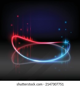 Podium and stage glowing effect. Neon circle light line with shadow on ground. Product display template. Abstract red and blue elements