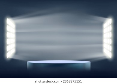 Podium or stage illuminated by spotlights. Template for presentation on a dark background. Vector illustration