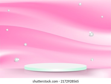 Podium stage mockup in pink silk line wave with pearls background template for place product presentation.