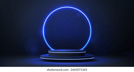 Podium stage with neon glow frame. 3d vector background with realistic circular pedestal illuminated with blue light border. Empty glowing scene for product presentation, fashion show performance