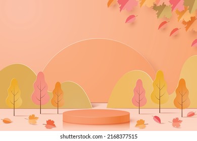 Podium stage pastel autumn paper art background for fall season product sale vector illustration.