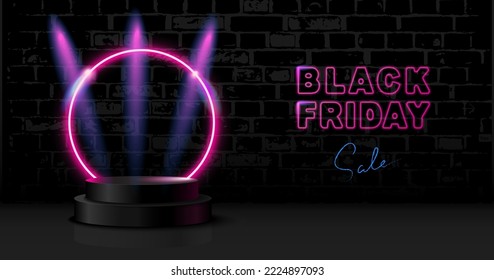 Podium Stage with Pink Neon Round Frame on Black Background of Brick Wall and Neon "Black Friday Sale" Inscription. Horizontal Banner for Black Friday Sale. Vector Illustration.