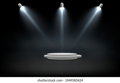 Podiumbühne für Präsentationen und Aufführungen mit Scheinwerfern und Lichtstrahlen.