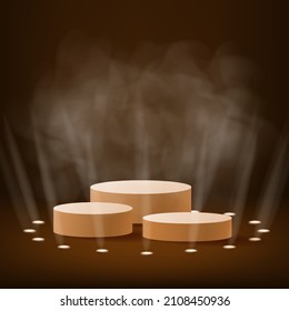 Escenario de podio con rayos de focos para la ceremonia de premiación ganador con humo. Concepto de plataforma dorada. Ilustración del vector