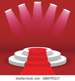 Podium stage with red carpet and lamps