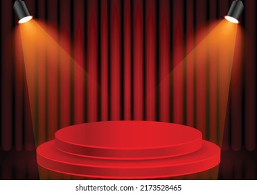 Podium Stage With Red Curtain And Yellow Spotlight