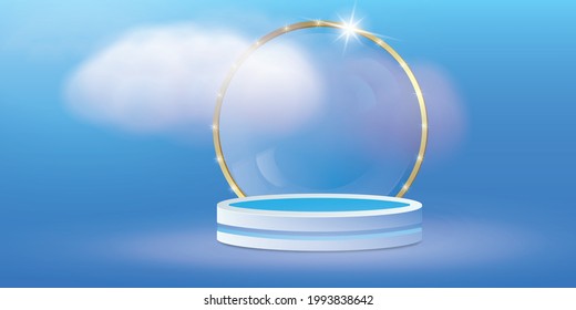 A podium stage in shades of blue with a plinth and gold rim with highlights in the clouds. Design presentation of cosmetics, perfumery, deodorants, detergents and hygiene products.