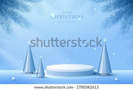 Podium stage for show product display for festive decoration christmas day or new years. stand product showcase on blue background with lighting christmas or presentation. vector design.