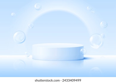 Podium stage with soap bubbles, creating a lively and celebratory atmosphere. Realistic 3d vector background with round platform, perfect for success, product presentation, and achievement concepts