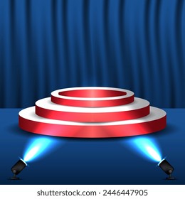 podium stage. Spotlight lights and a dark blue background