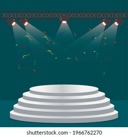 Podium staircase scene with spotlights, vector scene. empty Exhibition studio pedestal illustration. Glow entertainment and exposition show stage in spotlight