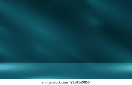 Podium, stand and deep shadow on blue or dark green wall background. Background for product. Front view. Mockup. Realistic blurred natural light leaves, palm and window shadow overlay on wallpaper
