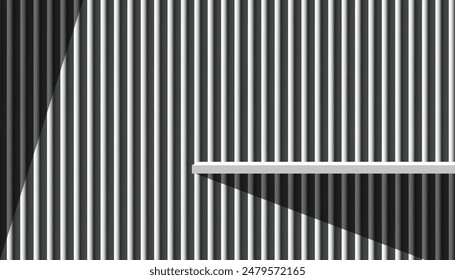 Podium Stand Display on Wall Grey Corrugated metal texture surface with light shadow,Vector minimal exterior 3d mock up shelf on galvanize steel waves pattern