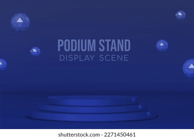 Podium stand display scene with golden rings and icospheres dark mode vector