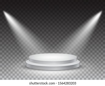 Podium Stand Isolated On Transparent Background. White Circle Plinth, Pillar Or Display Stage. Vector Empty Prize Podium Pedestal With Projector Light Beams.
