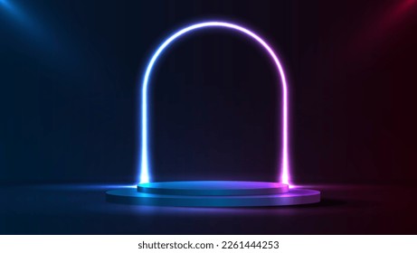 Podium or stand with line gradient neon in Sci-fi. abstract scene with pink and blue neon frame. vector rendering product display. futuristic minimal scene. vector design.