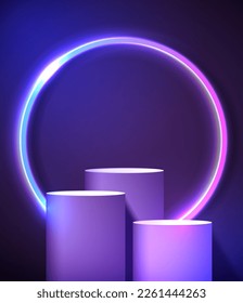 Podium or stand with line gradient neon in Sci-fi. abstract scene with pink and blue neon frame. vector rendering product display. futuristic minimal scene. vector design.