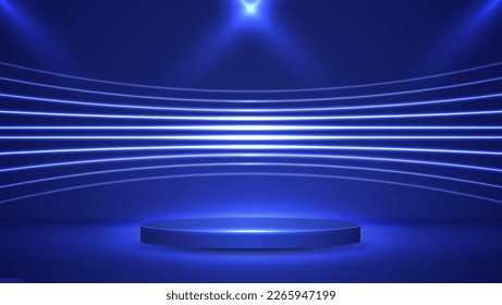 Podium o stand con el neón gradiente de línea en Sci-fi. escena abstracta con marco de neón rosa y azul. visualización de producto de representación vectorial. escena mínima futurista. diseño vectorial.