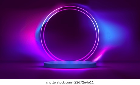 Podium o stand con el neón gradiente de línea en Sci-fi. escena abstracta con marco de neón rosa y azul. visualización de producto de representación vectorial. escena mínima futurista. diseño vectorial.