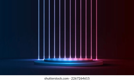 Podium o stand con el neón gradiente de línea en Sci-fi. escena abstracta con marco de neón rosa y azul. visualización de producto de representación vectorial. escena mínima futurista. diseño vectorial.