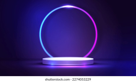 Podium oder stehen mit Linie Farbverlauf Neon in Sci-fi. abstrakte Szene mit rosafarbenem und blauem Neonrahmen. Vektorgrafik-Produktanzeige. futuristische Minimalszene. Vektordesign.