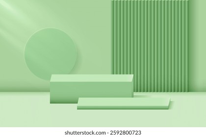 Podium or stand for product display. Textured wall on the backgrpund. Vector mockup for natural beauty products. Fresh green color. stage for showcase. 3D rendering. 