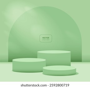 Podium or stand for product display. Vector mockup for natural beauty products. Fresh green color. stage for showcase. 3D rendering. 