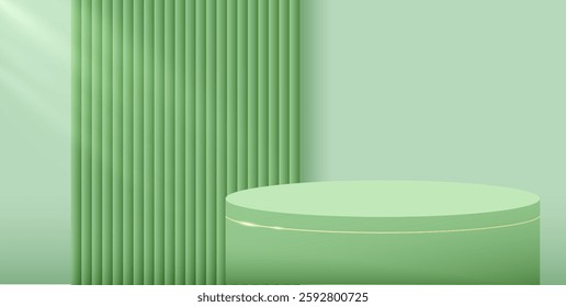 Podium or stand for product display. Vector mockup for natural beauty products. Fresh green color. stage for showcase. 3D rendering. 
